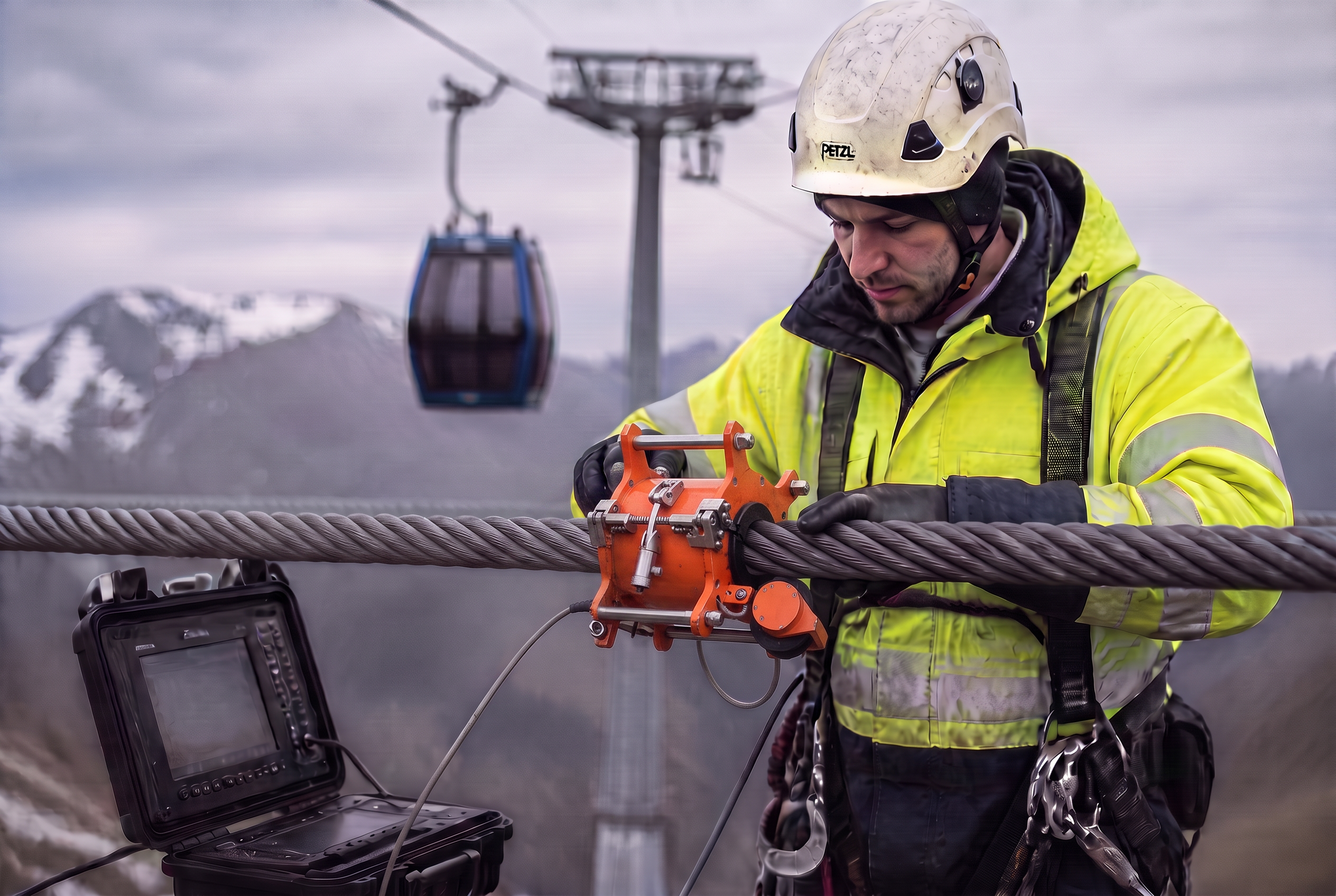 Technician performing electromagnetic wire rope testing on an aerial ropeway haul rope